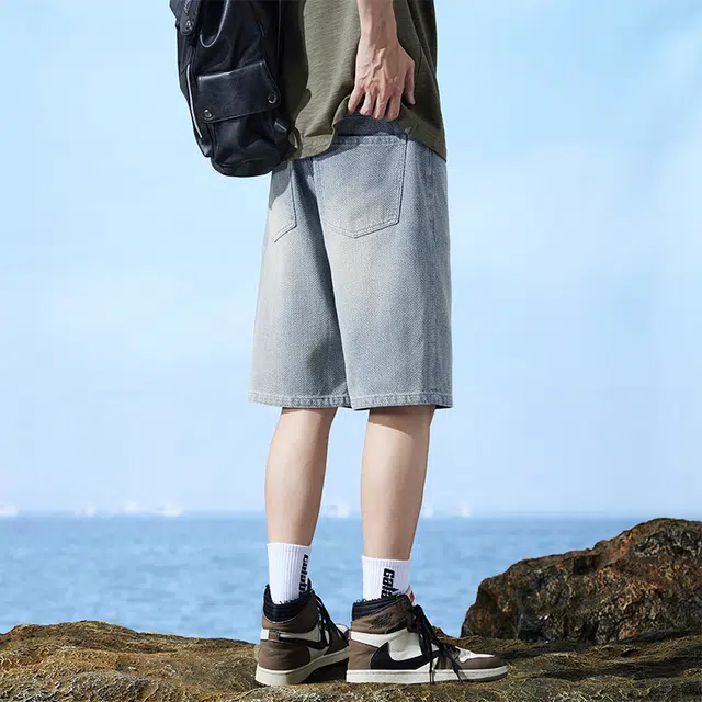 么宁 美式复古星空纹宽松直筒五分裤潮流时尚简约百搭舒适透气个性痞帅牛仔短裤 男女同款