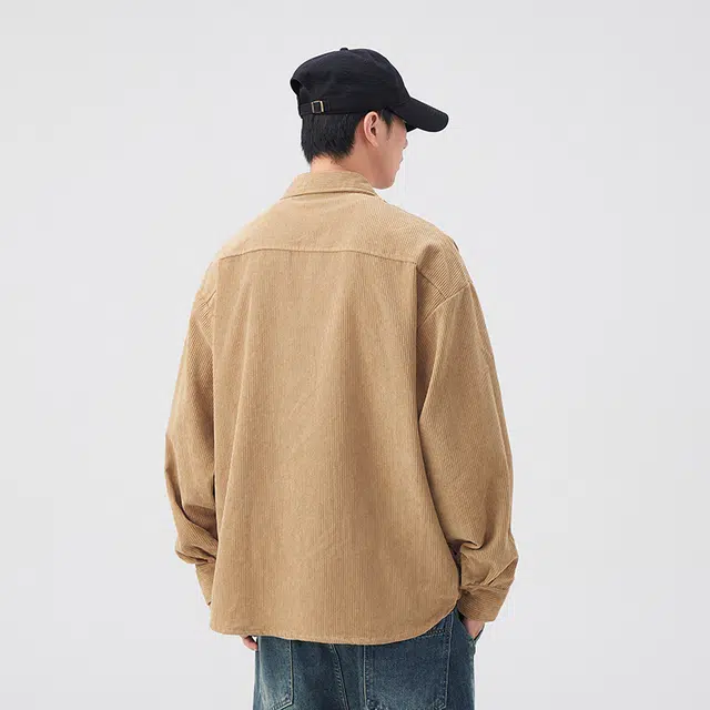 么宁 秋冬季灯芯绒纯色慵懒风休闲外套宽松翻领上衣舒适透气个性时尚衬衫 男女同款