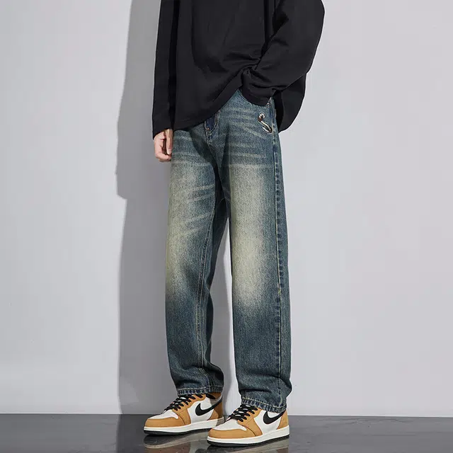 么宁 麻绳刺绣美式高街水洗做旧宽松直筒简约百搭潮流时尚舒适透气个性痞帅休闲运动牛仔裤 男女同款