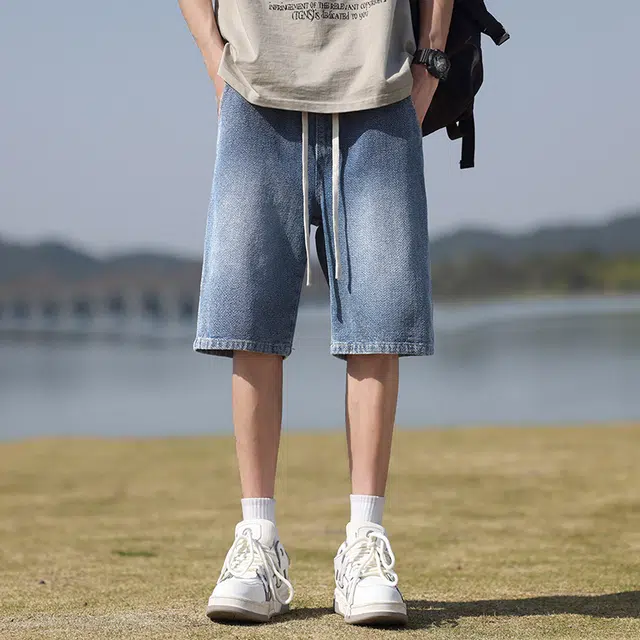 么宁 美式复古星空纹五分裤宽松直筒舒适透气简约百搭痞帅运动休闲牛仔短裤 男女同款