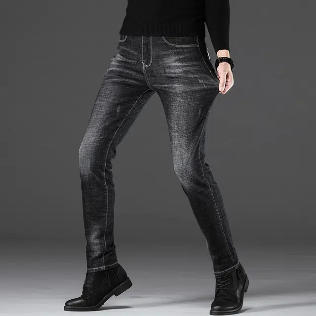 么宁 秋冬季韩版潮流修身小直筒裤弹力舒适透气简约百搭个性痞帅休闲保暖加绒牛仔裤 男女同款