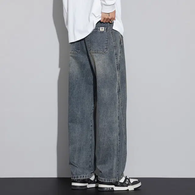 么宁 美式高街复古水洗宽松直筒简约百搭舒适透气阔腿牛仔裤 男女同款