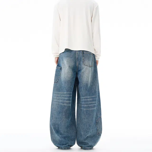 么宁 美式复古水洗宽松直筒裤个性痞帅简约百搭舒适透气耐穿耐磨潮流时尚休闲阔腿牛仔裤 男女同款