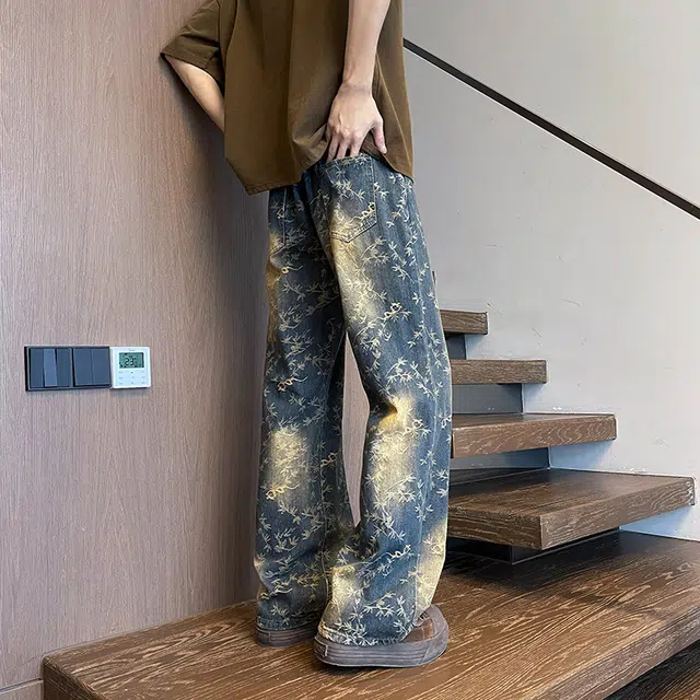 么宁 印花美式高街复古水洗潮牌高级感直筒百搭痞帅休闲牛仔裤 男女同款