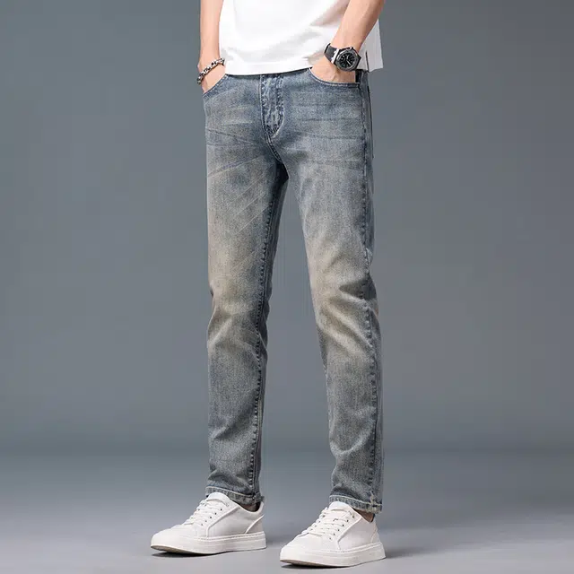 么宁 韩版潮流时尚修身弹力直筒裤舒适透气简约百搭个性痞帅运动休闲牛仔裤 男女同款