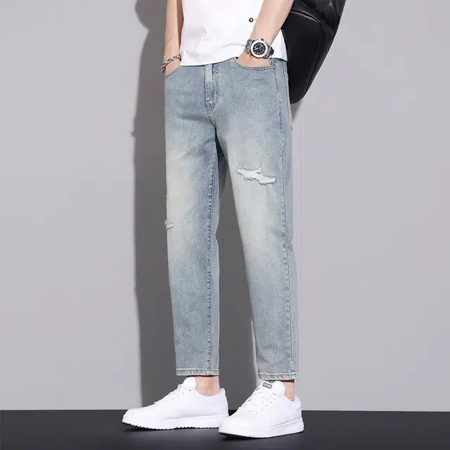 么宁 简约百搭潮流时尚修身直筒舒适透气个性痞帅弹力九分破洞牛仔裤 男女同款