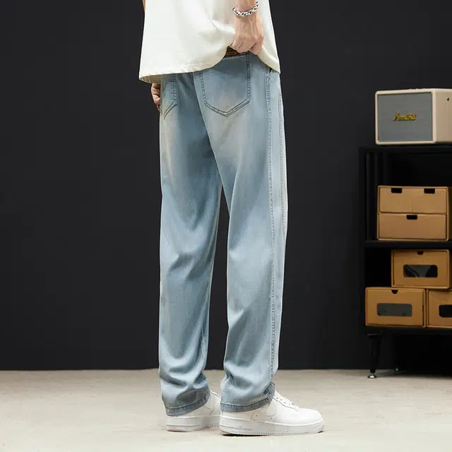 么宁 美式复古宽松直筒裤薄款简约百搭垂感弹力舒适透气个性痞帅牛仔裤 男女同款