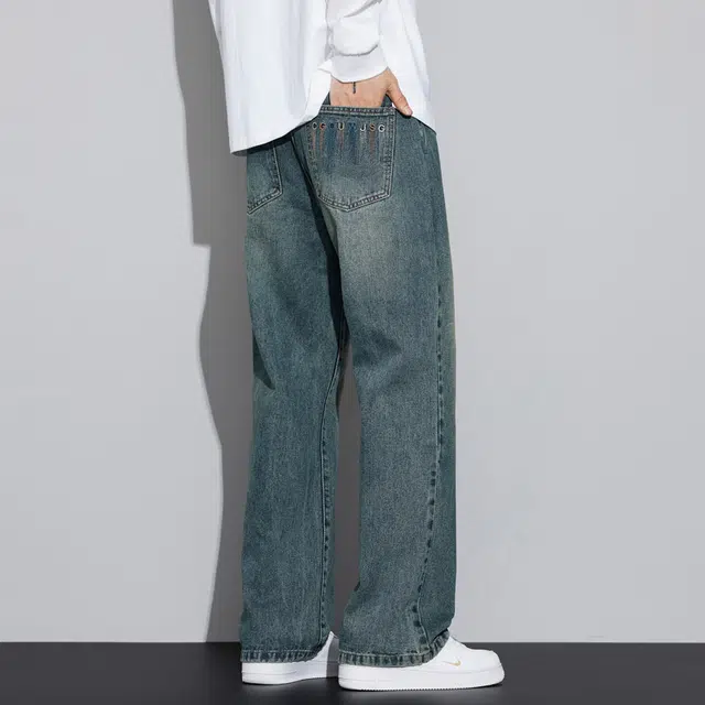 么宁 秋冬季个性刺绣宽松直筒裤美式高街潮流百搭微喇长裤舒适透气耐穿耐磨休闲牛仔裤 男女同款