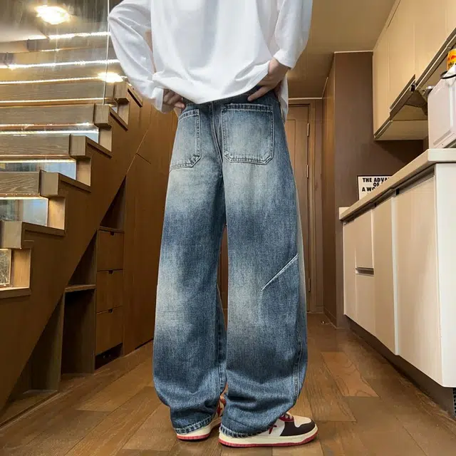 么宁 秋冬季美式高街复古水洗弯刀裤简约百搭舒适透气个性痞帅休闲牛仔裤 男女同款