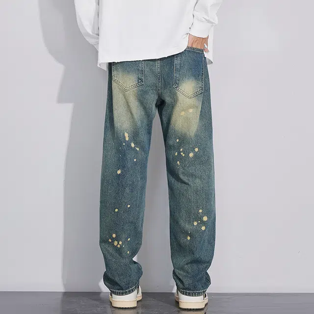 么宁 涂鸦印花美式高街水洗做旧宽松直筒简约百搭潮流时尚舒适透气个性痞帅休闲运动牛仔裤 男女同款 复古