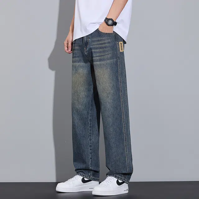 么宁 美式高街水洗做旧宽松直筒简约百搭潮流时尚舒适透气个性痞帅休闲运动牛仔裤 男女同款