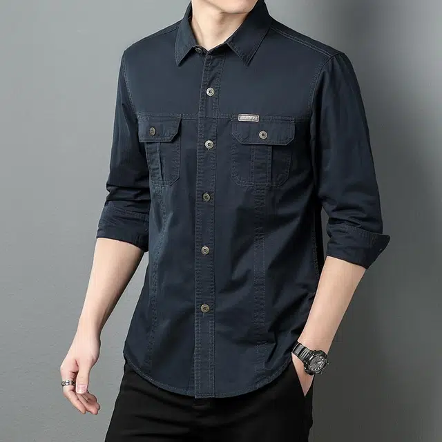 么宁 美式休闲工装衬衣纯棉长袖翻领外套舒适透气宽松上衣个性时尚衬衫 男女同款