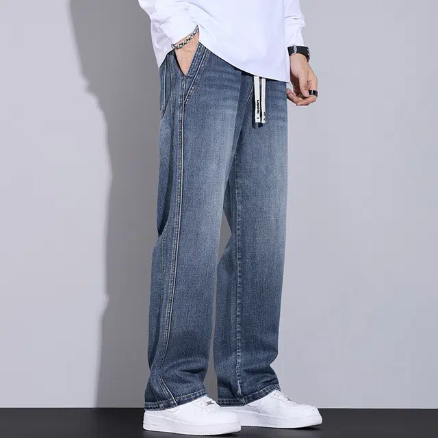 么宁 美式高街个性潮牌宽松直筒裤简约百搭抽绳松紧腰舒适透气休闲阔腿牛仔裤 男女同款