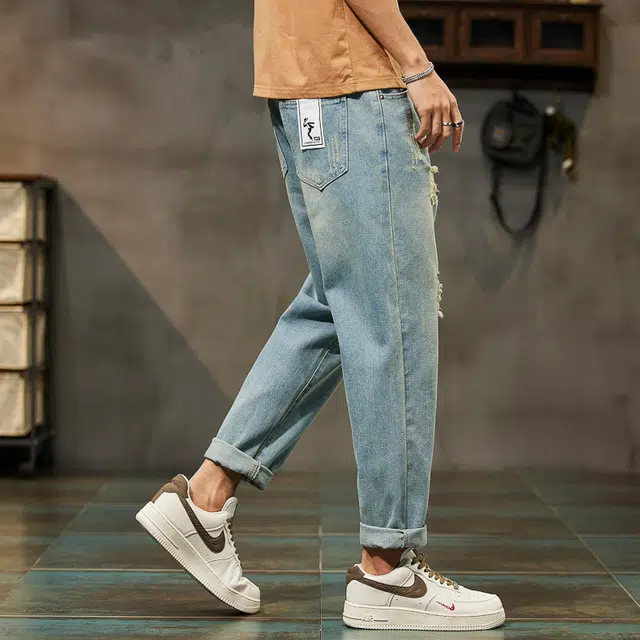 么宁 修身小脚九分裤潮流时尚舒适透气耐穿耐磨个性痞帅休闲运动破洞牛仔裤 男女同款