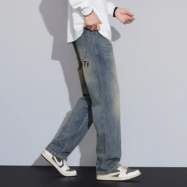么宁 美式复古水洗宽松直筒裤潮流时尚字母刺绣弹力舒适透气耐穿耐磨个性痞帅休闲牛仔裤 男女同款