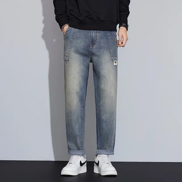 么宁 美式复古水洗拼接宽松直筒裤潮流时尚弹力舒适透气锥形裤耐穿耐磨个性痞帅休闲牛仔裤 男女同款
