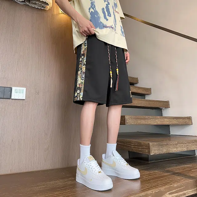 么宁 个性刺绣印花宽松百搭五分裤薄款舒适透气设计感运动休闲短裤 男女同款