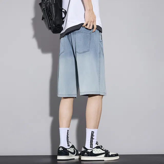 么宁 渐变色拼接工装五分裤夏季薄款舒适透气宽松直筒简约百搭个性痞帅休闲牛仔短裤 男女同款