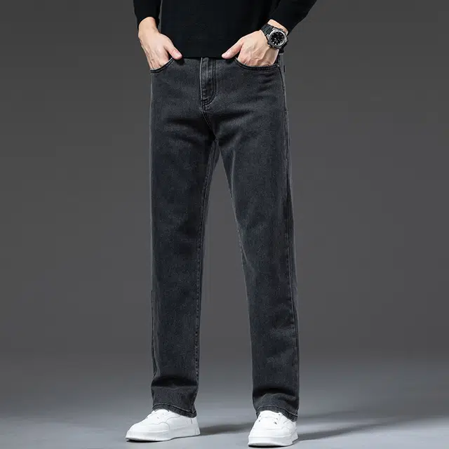 么宁 秋冬季简约百搭轻商务宽松直筒裤舒适透气耐穿耐磨个性时尚运动休闲牛仔裤 男女同款