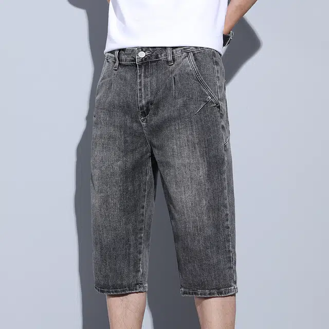 么宁 夏季薄款潮流时尚合身直筒七分裤简约百搭舒适透气弹力休闲个性痞帅牛仔短裤 男女同款