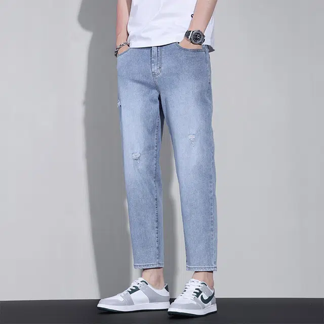 么宁 字母刺绣方格印花简约百搭修身直筒潮流时尚舒适透气个性痞帅弹力九分破洞牛仔裤 男女同款
