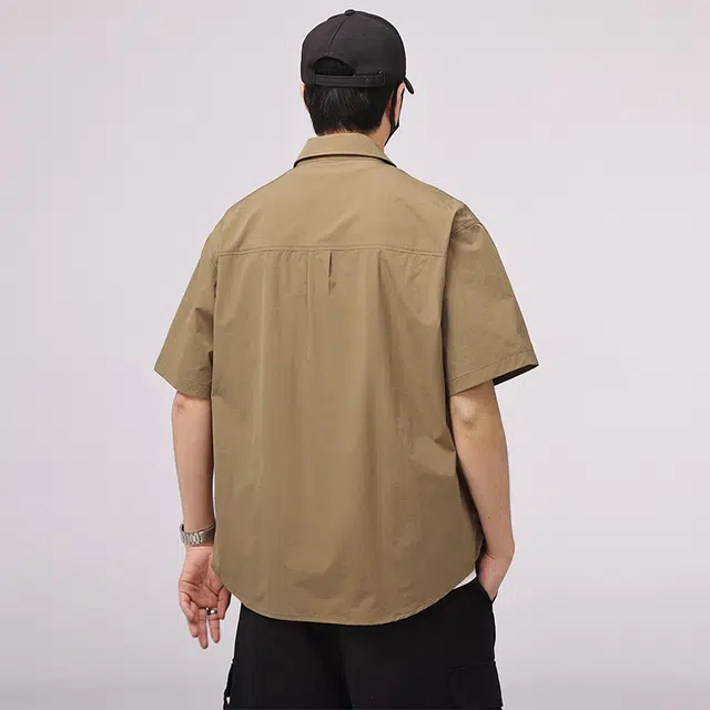 么宁 美式宽松纯色外套大口袋翻领上衣潮流百搭薄款透气休闲衬衫 男女同款