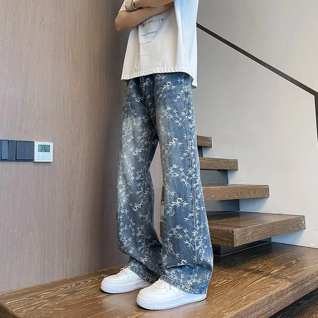么宁 印花美式高街复古水洗潮牌高级感直筒百搭痞帅休闲牛仔裤 男女同款