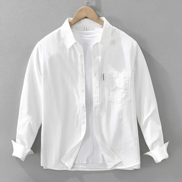 么宁 日系纯棉简约百搭清新感长袖衬衣潮流时尚舒适透气外套宽松翻领文艺感情侣上衣个性帅气休闲衬衫 男女同款