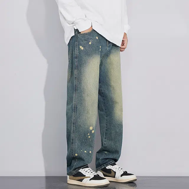 么宁 涂鸦印花美式高街水洗做旧宽松直筒简约百搭潮流时尚舒适透气个性痞帅休闲运动牛仔裤 男女同款 复古