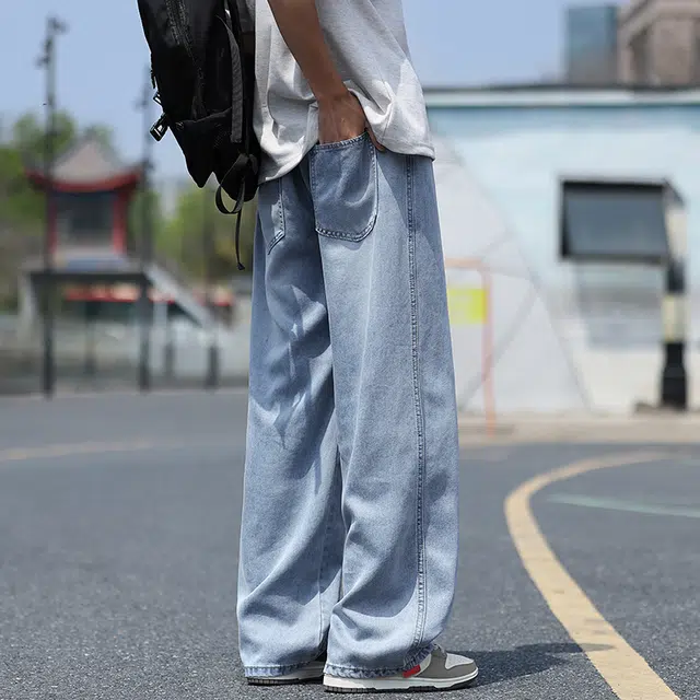 么宁 夏季薄款凉感舒适透气宽松直筒简约百搭抽绳款松紧腰阔腿牛仔裤 男女同款