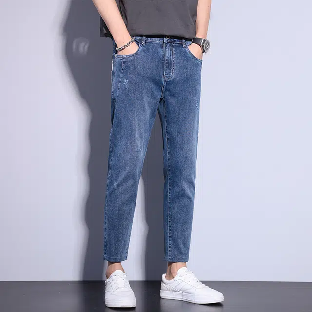 么宁 简约百搭修身直筒弹力九分裤舒适透气潮流时尚个性痞帅休闲运动牛仔裤 男女同款
