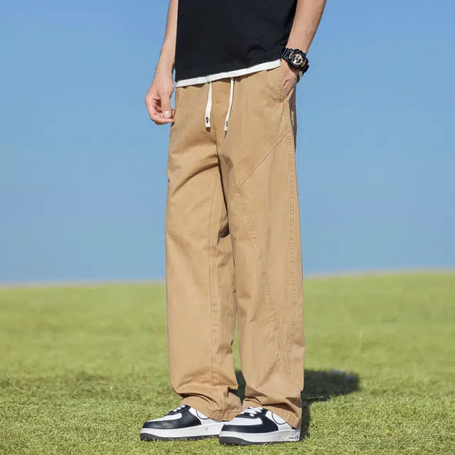 么宁 纯棉拼接简约百搭宽松直筒潮流时尚舒适透气阔腿运动休闲裤 男女同款