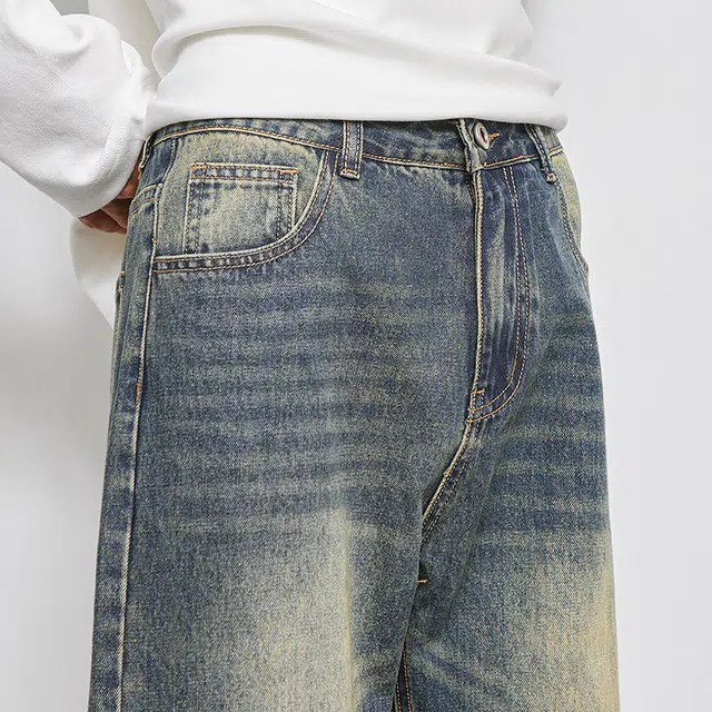 么宁 字母刺绣美式高街水洗做旧宽松直筒简约百搭潮流时尚舒适透气个性痞帅休闲运动牛仔裤 男女同款