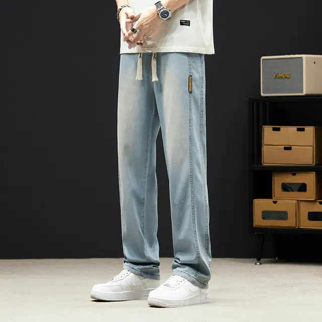 么宁 美式复古宽松直筒裤薄款简约百搭垂感弹力舒适透气个性痞帅牛仔裤 男女同款