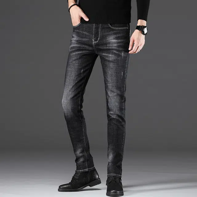 么宁 秋冬季韩版潮流修身小直筒裤弹力舒适透气简约百搭个性痞帅休闲保暖加绒牛仔裤 男女同款