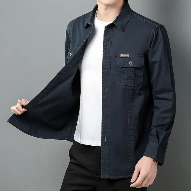 么宁 美式休闲工装衬衣纯棉长袖翻领外套舒适透气宽松上衣个性时尚衬衫 男女同款