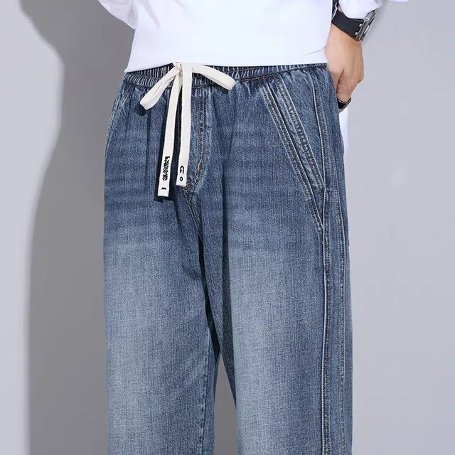 么宁 美式高街个性潮牌宽松直筒裤简约百搭抽绳松紧腰舒适透气休闲阔腿牛仔裤 男女同款