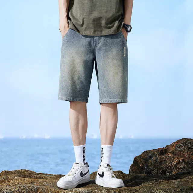 么宁 宽松直筒五分裤潮流时尚简约百搭舒适透气个性痞帅牛仔短裤 男女同款