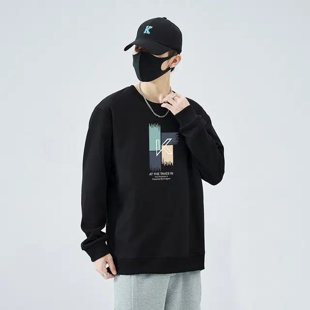 么宁 秋冬季基础款个性拼色印花长袖休闲外套情侣套头宽松圆领上衣简约百搭内搭打底衫舒适透气加绒保暖卫衣 男女同款