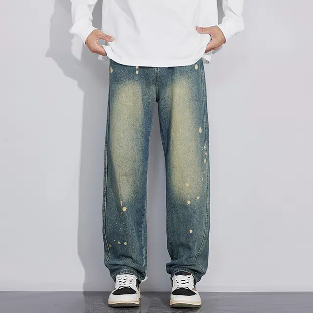 么宁 涂鸦印花美式高街水洗做旧宽松直筒简约百搭潮流时尚舒适透气个性痞帅休闲运动牛仔裤 男女同款 复古