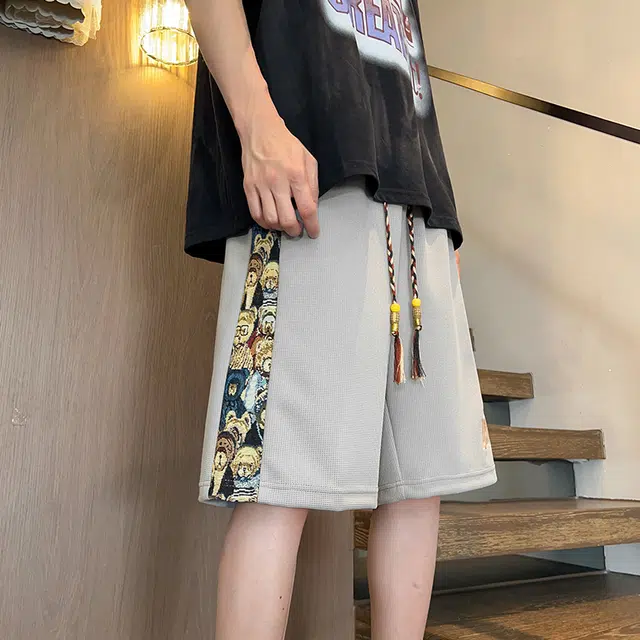 么宁 个性刺绣印花宽松百搭五分裤薄款舒适透气设计感运动休闲短裤 男女同款