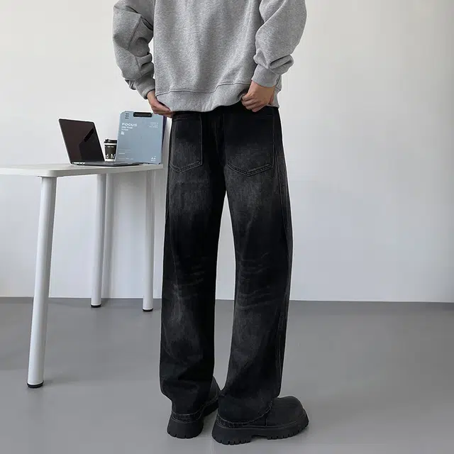 么宁 秋冬季美式高街复古水洗宽松直筒裤舒适透气简约百搭耐穿耐磨阔腿长裤抽绳松紧腰个性痞帅休闲牛仔裤 男女同款