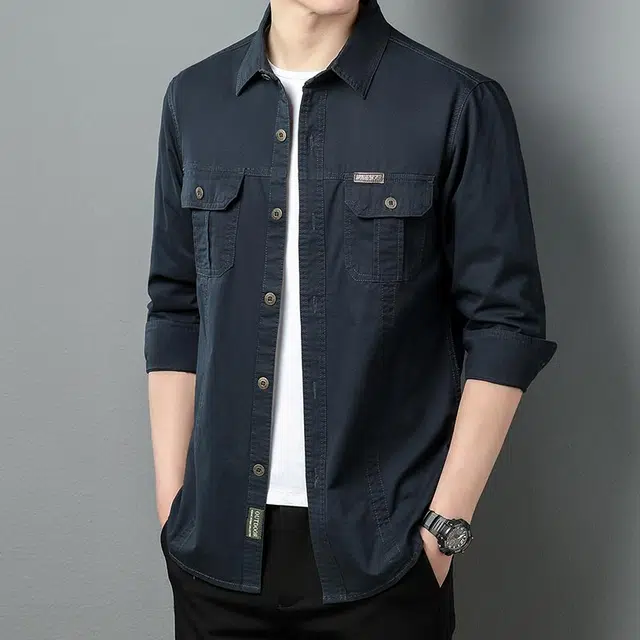 么宁 美式休闲工装衬衣纯棉长袖翻领外套舒适透气宽松上衣个性时尚衬衫 男女同款