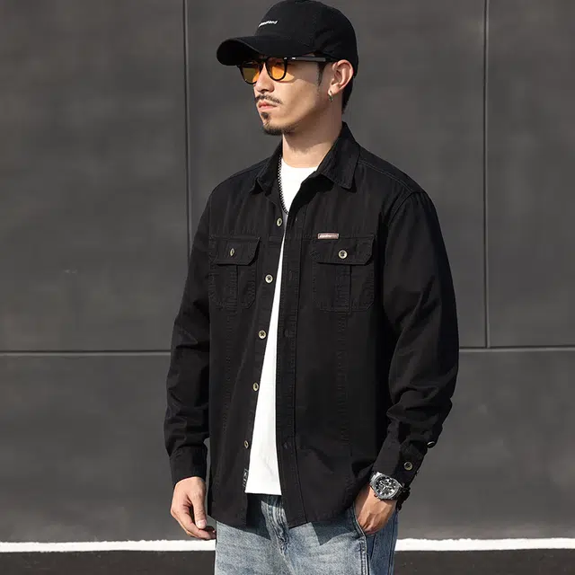 么宁 美式纯棉工装衬衣长袖翻领休闲外套舒适透气宽松上衣个性时尚衬衫 男女同款