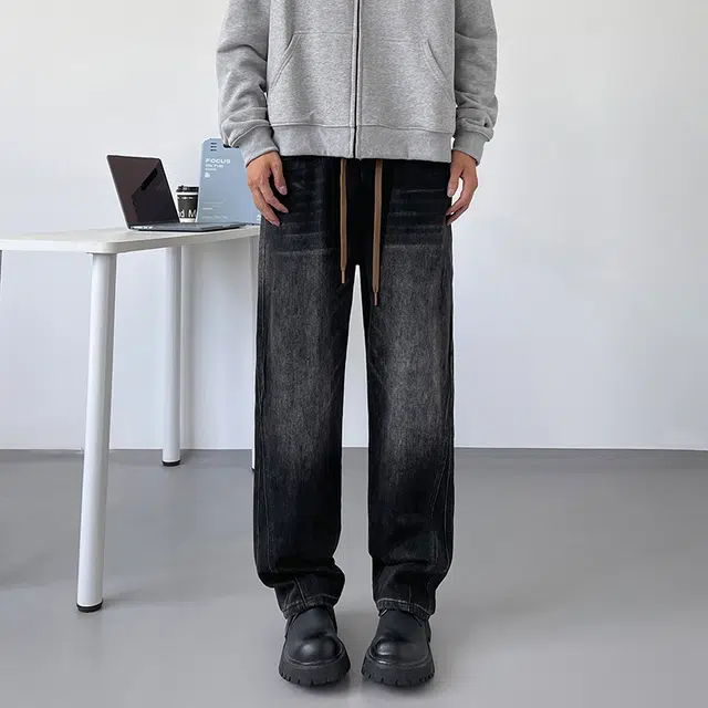 么宁 秋冬季美式高街复古水洗宽松直筒裤舒适透气简约百搭耐穿耐磨阔腿长裤抽绳松紧腰个性痞帅休闲牛仔裤 男女同款