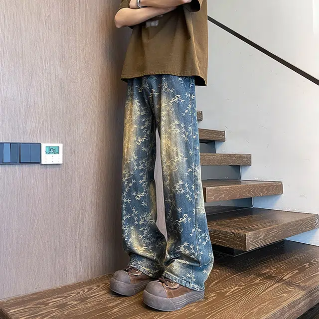 么宁 印花美式高街复古水洗潮牌高级感直筒百搭痞帅休闲牛仔裤 男女同款