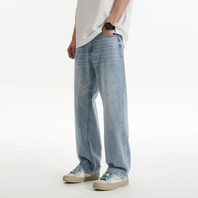 么宁 美式潮牌水洗宽松直筒舒适百搭运动休闲牛仔裤 男女同款