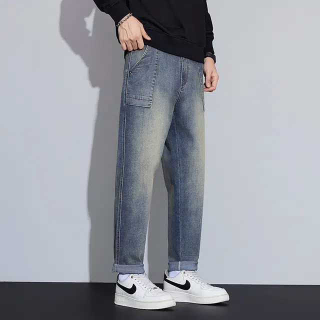 么宁 美式复古水洗拼接宽松直筒裤潮流时尚弹力舒适透气锥形裤耐穿耐磨个性痞帅休闲牛仔裤 男女同款