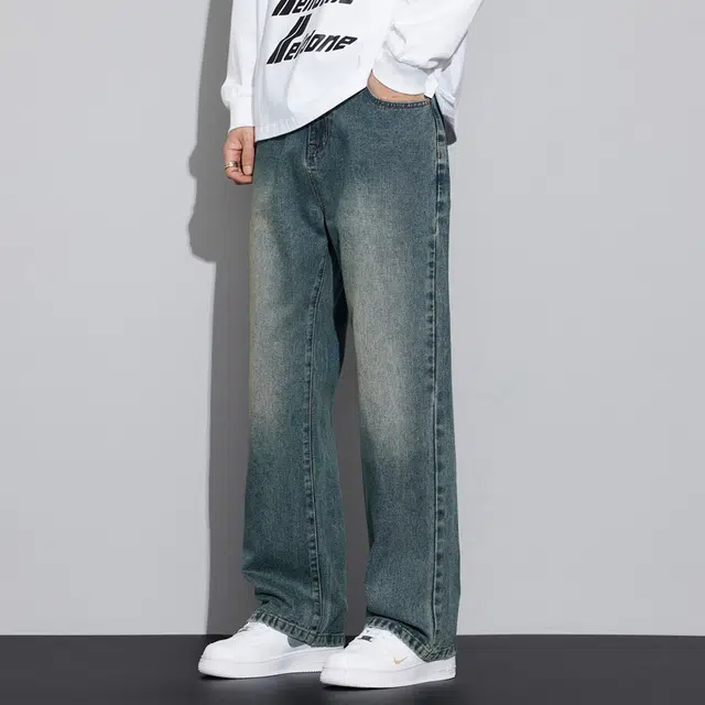 么宁 秋冬季个性刺绣宽松直筒裤美式高街潮流百搭微喇长裤舒适透气耐穿耐磨休闲牛仔裤 男女同款