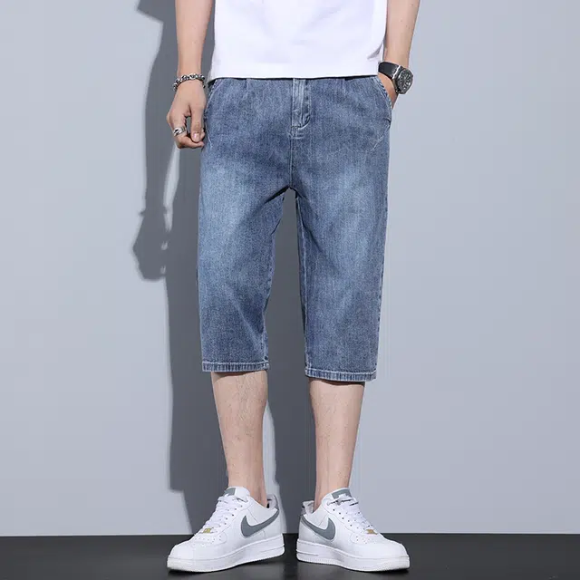 么宁 夏季薄款潮流时尚合身直筒七分裤简约百搭舒适透气弹力休闲个性痞帅牛仔短裤 男女同款